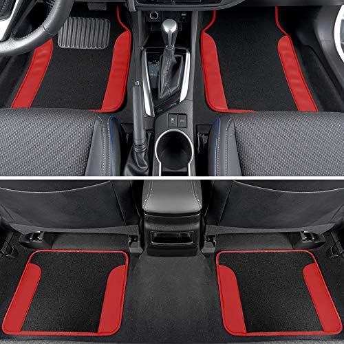 BDK Carpet Floor Mats for Cars, Two-Tone Carpet Car Mat with Faux Leather Accents, Automotive Floor Mat Sets with Built-in Heel Pad, Stylish Interior Car Accessories Red