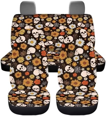 Vintage Abstract Flowers Car Seat Covers Sunflower Trippy Hippy Floral Car Accessories Set of 4 with Daisy Groovy Front and Rear Seat Covers Halloween Skeleton Skull Auto Bench Protector