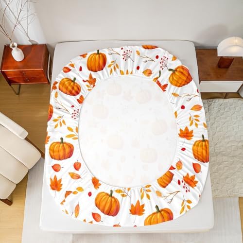 Happy Fall Fitted Sheet Halloween Autumn Pumpkin Bed Sheets Twin,Cute Fall Flowers Maple Leaf Bedding Set Thanksgiving Sheet Set Gifts For Kids Boys Girls Fall Home Bedroom Decor Flat Sheet 3 Pcs - Image 5