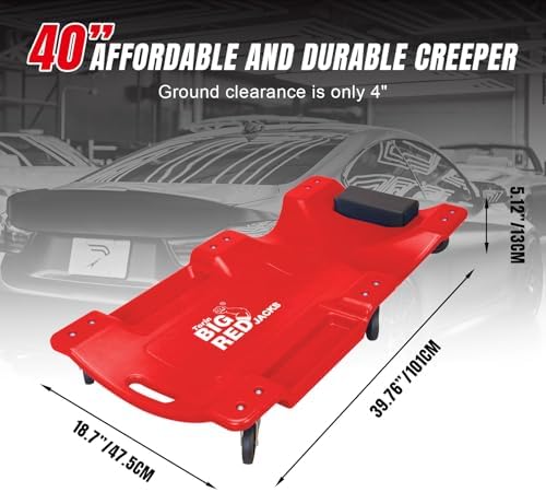 BIG RED TRP6240 Torin Blow Molded Plastic Rolling Garage/Shop Creeper: 40" Mechanic Cart with Padded Headrest, Dual Tool Trays and 6 Casters, Red - Image 2