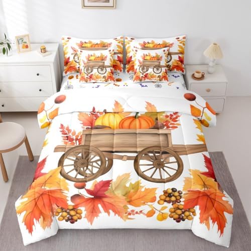Erosebridal Thanksgiving Pumpkin King Comforter Set,Maple Leaves Autumn Decor 7 Pieces Bed in a Bag,Farmhouse Harvest Fall Leaves Bedding Sets with Comforter,Flat Sheet,Fitted Sheet and Pillow Sham by Erosebridal