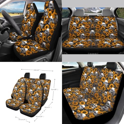 Gothic Skulls Sunflower Print 15Pcs Car Seat Cover Full Set Car Steering Wheel Cover Seat Belt Cover Trash Bin Air Vent Storage Box Front Rear View Mirror Car Cup Holder Keychain