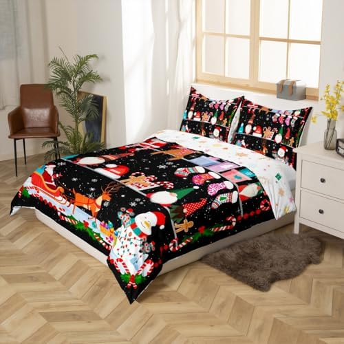 Merry Christmas Kids Duvet Cover Set Full Size,Santa Claus Snowman Cute Gnomes Bedding Set,Girls Boys Adults Room Decor,Snowflake Deer Xmas Comforter Cover,Red Black Retro Quilt Cover,2 Pillowcases - Image 5