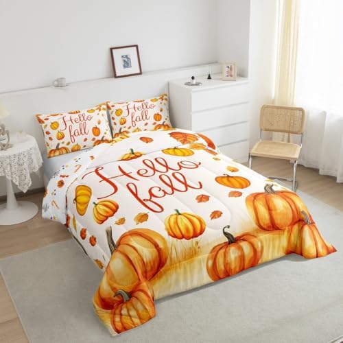Erosebridal Fall Bedding Comforter Sets for Boys Girls Thanksgiving Gifts Bedding Autumn Harvest Comforter Set Bedroom Decor, Golden Pumpkin Decor Duvet Insert with 2 Pillowcases, Queen - Image 3