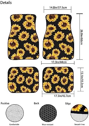 Sunflower Car Floor Mats Set of 4, Cute Yellow Flowers on Black Background Floral Vehicle Front Rear Carpets Mats, Universal Floor Rugs, Non-Slip Auto Accessories for SUV, Van, Truck