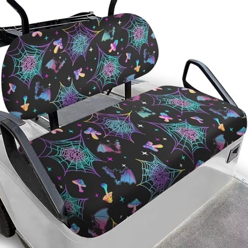 Yewatlles Colorful Halloween Web Mushroom Cart Waterproof Seat Covers,Smooth and Simple,No Stapler Required, Fits Golf Car, Club Car, Polyester Replacement Seat Cover Workout