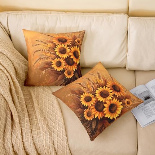 Manfei Sunflower Pack of 2 Pillow Covers,Rustic Farmhouse Flowers Wheat Soft Square 18"x18" Cushion Case,Autumn Harvest Retro Yellow Brown Throw Pillow Covers,Double Sides - Image 2