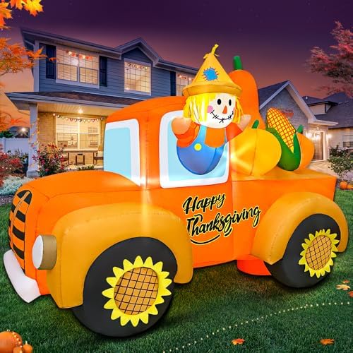 6FT Thanksgiving Inflatables Outdoor Decoration Inflatable Car with Scarecrow, Built in LED Lights Blow Up Yard Decorations for Fall Holiday Party Garden Lawn Décor by KOOY