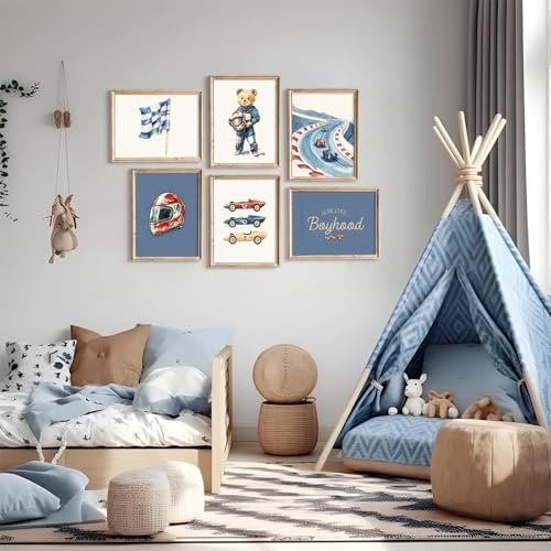 Nursery Race Car Wall Art Boys Room Canvas Wall Decor Vintage Nursery Prints Teddy Bear Poster Race Car Pictures Baby Boy Toddler Painting Artwork for Kids Bedroom Playroom 12x16 Inch Unframed 6Pcs - Image 3