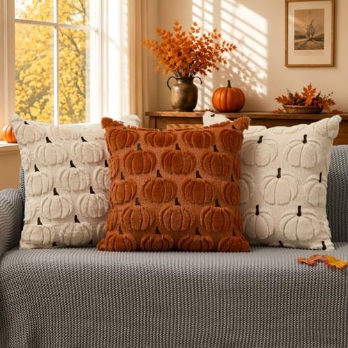 DFXSZ Fall Pillow Covers 20x20 2Pcs Beige Brown Pumpkin Fall Decorations - Image 3