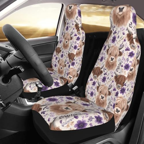 Highland Cow 2 Front Car Seat Covers for Car Truck Sedan SUV, Car Gifts, Durable Automotive Seat Covers, Breathable Bucket Seat Covers, Protective Interior Accessory