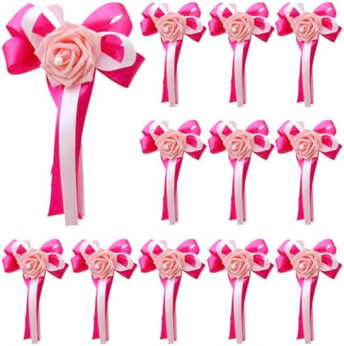 12 Pieces Wedding Car Flower Decoration Artificial Rose Flower with Ribbon Bows Wedding Aisle Chair Back Flowers Decor Car Door Handles Rearview Mirror Decorative Flower,Pink by Unknown