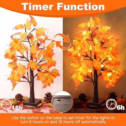 2 Packs 24 Inch Lighted Maple Tree Fall Thanksgiving Decorations with 48 LEDs Timer Battery Operated 3D Acorn Maple Lampshade Artificial Autumn Tree Lights for Thanksgiving Table Decor Home Indoor - Image 3