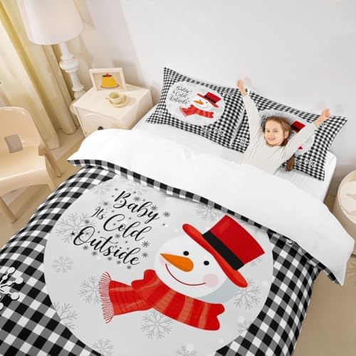 Cute Snowman Kids Duvet Cover Set Twin Size,Merry Christmas Snowflake Xmas Bedding Set,Girls Boys Adults Room Decor,Geometric Grids Plaids Chic Comforter Cover,Black White Quilt Cover,1 Pillowcase - Image 3