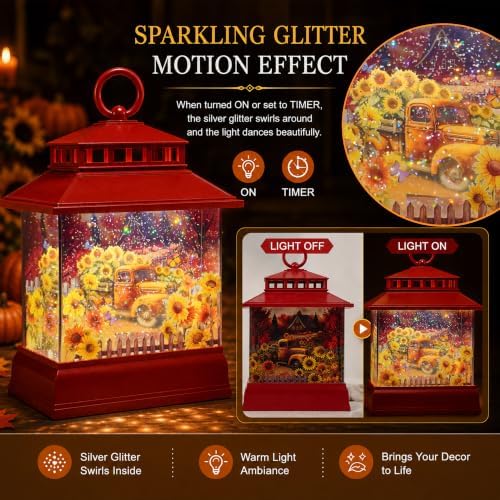 Fall Snow Globe Lantern with Sunflowers, Music, 6 Hours Timer, Fall Decor - Image 3