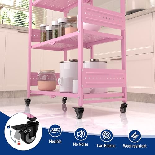 WORKPRO 4-Tier Folding Shelf, No-Assembly Metal Storage Rack with Wheels, 600 lbs Capacity (with Leveling Feet), Collapsible Shelving Unit for Kitchen, Pantry, Closet & Craft Shows - Pink - Image 6