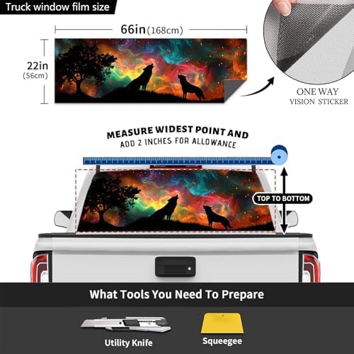 Countryside Abstract Wolf Rear Window Decal Wrap Graphic, Animal Howling Night Scene Vinyl Window Film Truck Back Window Decals,Pickup Trucks Back Window Stickers 66 x 22 inch