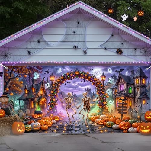 Halloween Garage Door Cover 8x7ft Dancing Skeleton Pumpkin Arch Ghost Decor by Lacoiime