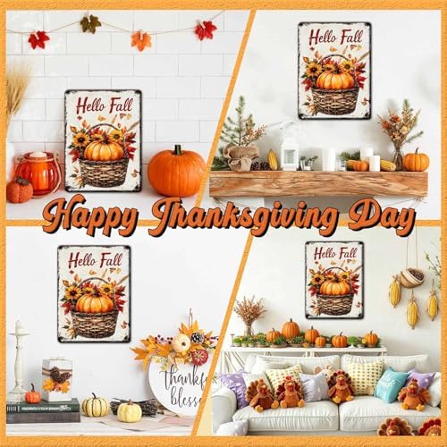 Thanksgiving Day Pumpkin Retro Tin Sign Hello Fall Metal Wall Decor for Living Room Bedroom Kitchen Office Front Porch 12x16Inch - Image 4