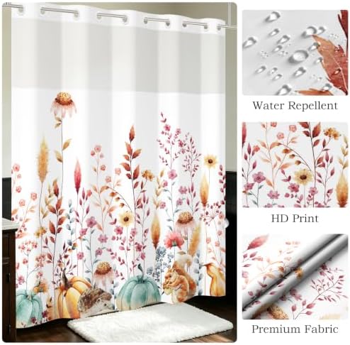 No Hook Shower Curtain with Snap in Liner, Hotel Style Watercolor Fall Autumn Pumpkins Animals Thanksgiving Shower Curtain Waterpoof Washable with See Through Top Window,71"x71" - Image 5