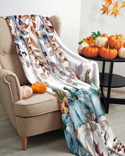 DecorLovee Orange Blue Pumpkins Fall Blanket 50"x60", Reversible Thanksgiving Throw Blanket for Couch/Bed, Vintage Maple Leaf Lightweight Soft Throw Blankets for Women, Warm Fuzzy Blankets for Winter - Image 3