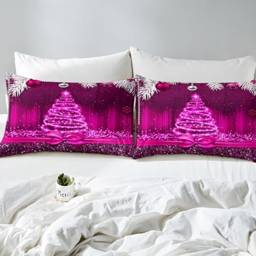 Merry Christmas Kids Duvet Cover Set Twin Size,Snowflake Christmas Tree Bowknot Bedding Set,Girls Boys Adults Room Decor,Purple Gradient Glitter Comforter Cover,Romantic Quilt Cover,1 Pillowcase - Image 5