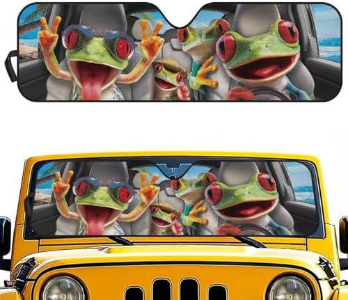 Renewold Funny Red Eyed Tree Frog Car Windshield Sunshade Sun Visor Cover for Jeep Wrangler JK JKU JL 1997-2023 2/4 Door Keep Cool Blocks Heat Sunlight Sun Shade Shield for Jeep Gladiator JT 2020-2023
