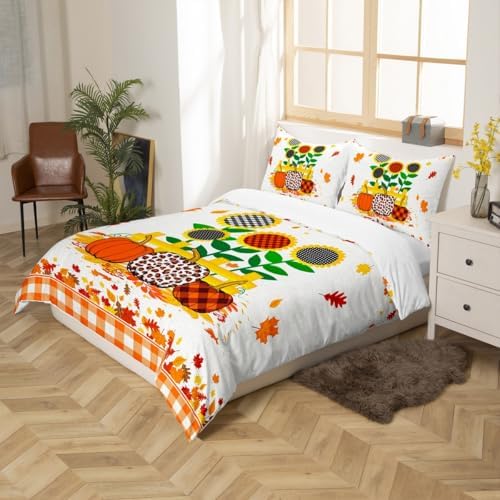 Happy Fall Kids Duvet Cover Set Full Size,Pumpkin Sunflowers Maple Leaf Bedding Set,Girls Boys Adults Room/Cabin Decor,Geometric Grids Patch Comforter Cover,Rustic Bright Quilt Cover,2 Pillowcases - Image 5