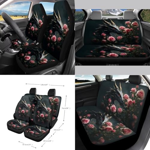 Cool Dragon Roses Print 15Pcs Car Seat Cover Full Set Car Steering Wheel Cover Seat Belt Cover Trash Bin Air Vent Storage Box Front Rear View Mirror Car Cup Holder Keychain