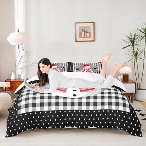 Cute Snowman Kids Duvet Cover Set King Size,Merry Christmas Snowflake Xmas Bedding Set,Girls Boys Adults Room Decor,Geometric Grids Dots Fashion Comforter Cover,Black White Quilt Cover,2 Pillowcases - Image 2