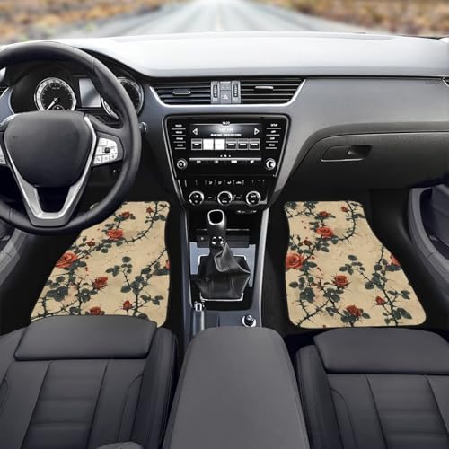 Rose 4 Pcs All Weather Car Floor Mats, Retro Garden Front & Rear Row Foot Mat Interior Accessories, Gothic Thron Floral Universal Fit for SUV Sedan Van