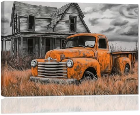 AWPANERAR Rustic Farmhouse Wall Decor Old Truck Canvas Print Car Painting Vintage Truck Poster Living Room Decor Frame (Orange, (20.00" x 30.00")) by AWPANERAR
