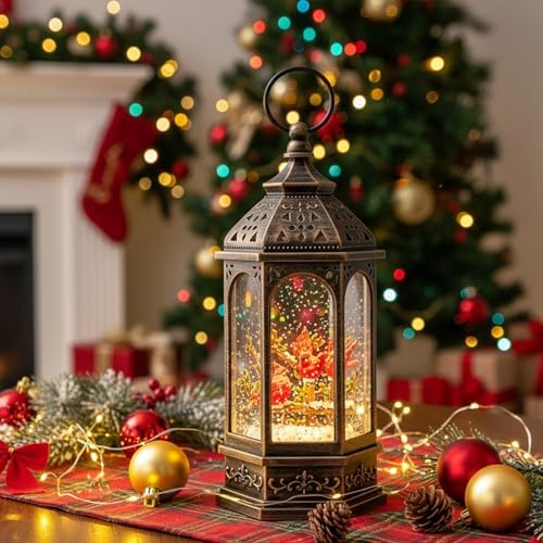 Christmas Snow Globe Lantern Water Glittering 10.5'' Cardinal with Music& Timer, USB Lined/Battery Operated Lighted Lantern for Christmas Festival Decoration Gifts - Image 3
