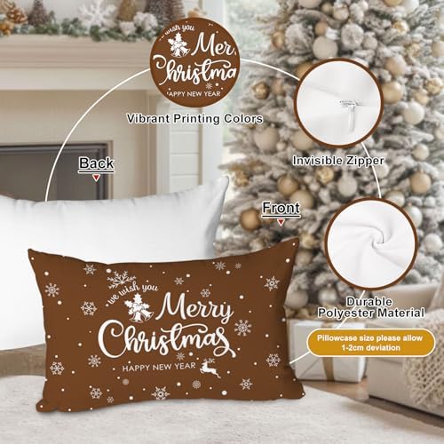 Lanpn Christmas Throw Pillow Covers 12x20 Set of 4, Merry Christmas Winter Xmas Snowflake Decorative Holiday Cushion Pillow Cases 12 x 20 for Outdoor Indoor Farmhouse Home Room Couch Decor (Brown) - Image 6