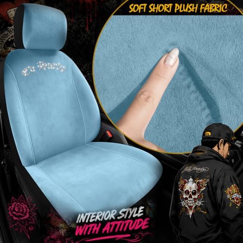 ED HARDY Car Seat Covers, Light Blue Short Plush & Silver Diamond Graphic