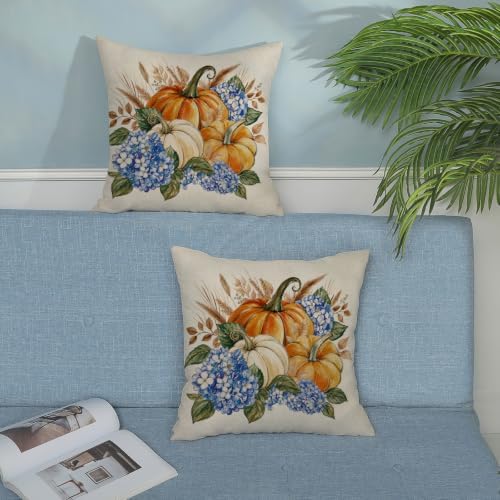 Fall Orange Pumpkin Hydrangea Floral Pillow Covers 18x18 Set of 2 - Image 4