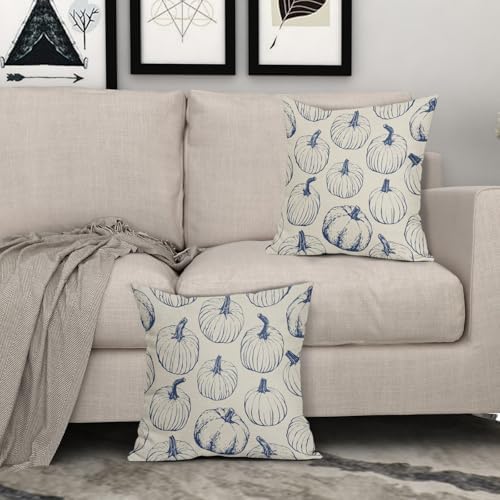 Blue Pumpkin Fall Pillow Covers 22x22 Set of 2 Autumn Themed Thanksgiving Harvest Print Decorative Throw Pillows Outdoor Farmhouse Pillowcases Cushion Case Seasonal Decor for Couch Sofa Bed - Image 3