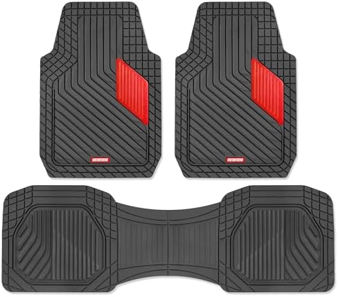 Motor Trend MetallicGuard Car Floor Mats Full Set - Durable Rubber Floor Mats with Red Metallic Heel Pad, All-Weather Interior Protection for Front and Rear with Non-Slip Backing