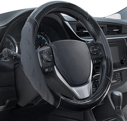 Motor Trend GripPlus Black Carbon Fiber Steering Wheel Cover, Standard 15 inch Size, Advanced Traction Grip, Car Steering Wheel Cover for Truck Van SUV Auto