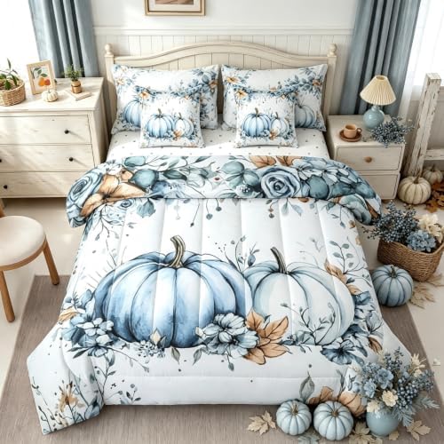 Erosebridal Fall Blue Pumpkin Bedding Set Watercolor Maple Eucalyptus Leaves Bed in A Bag Autumn Thanksgiving Full Comforter Set 7 Piece for Kids,Rustic Farmhouse Sheet Set with Comforter - Image 2