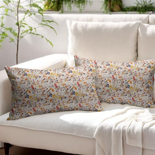 Fall Plant Pillow Covers 12x20 Set of 2 Autumn Red Cardinal Bird Maple Leaves Outdoor Throw Pillows Covers Vintage Rustic Farmhouse Decorative Farmhouse Cushion Case for Room Couch Sofa - Image 3
