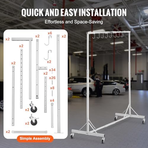 VEVOR Painting Rack, 5 ft-7 ft Adjustable Height, 66 lbs Capacity Automotive Paint Stand, 8 Hooks Drying Rack With 4 Swiveling Wheels, Auto Body Stand for Repair Shops & Garage - Image 6