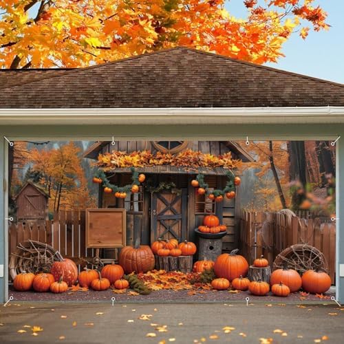 Fall Thanksgiving Decor, Forest Pumpkin Cabin Backdrop - 2 Car Garage Hanging Banner, Autumn Outdoor Holiday Decorations 7x16ft - Image 3