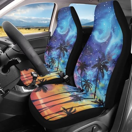 Palm Tree Starry Night Car Seat Covers Set of 2, Universal Front Car Seats Vehicle Enterior Protector Suitable Fits Most Car Auto SUV Sedan Truck Easy to Install