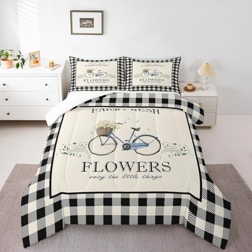 Rustic Farmhouse Comforter Set King Size Vintage Bicycle Flowers Quilt Set Geometric Black White Plaid Bedding Set 3pcs for Kids Girls Women Room Decor Spring Nature Duvet Insert,2 Pillowcases - Image 6
