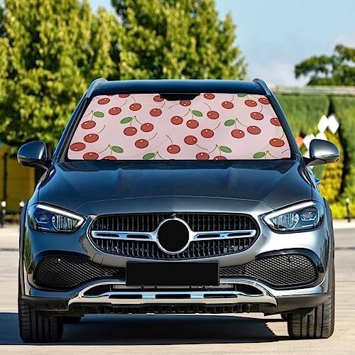 Red Cherry Car Windshield Sun Shade Fruit Pink Foldable Sunshade Front Window Visor Protector Blocks UV Rays Heat Keep Vehicle Cool (59 x 30 in)