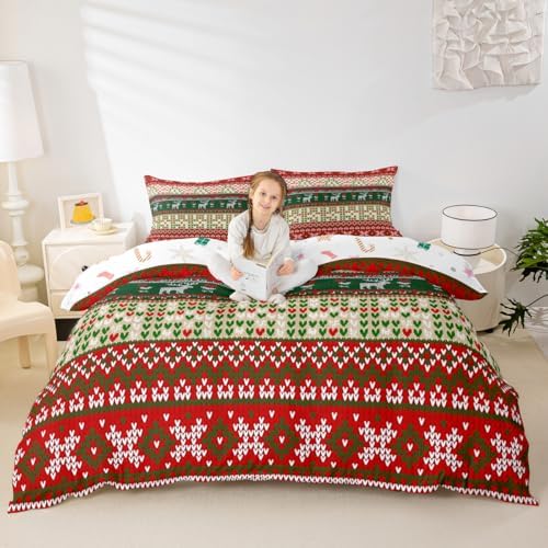 Christmas Deer Kids Duvet Cover Set Twin Size,Snowflake Love Heart Xmas Romantic Bedding Set,Girls Boys Adults Room Decor,Merry Christmas Comforter Cover,Red Green Fashion Quilt Cover,1 Pillowcase by Manfei
