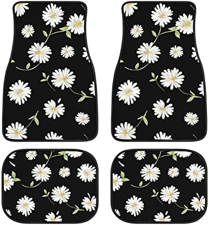 Daisy Car Floor Mats Set of 4,Cute Daisy Flowers Black Design Vehicle Front Rear Carpets Mat Decorative Car Floor Carpets Rugs Non-Slip Auto Foot Mats Car Accessories for Car SUV Truck