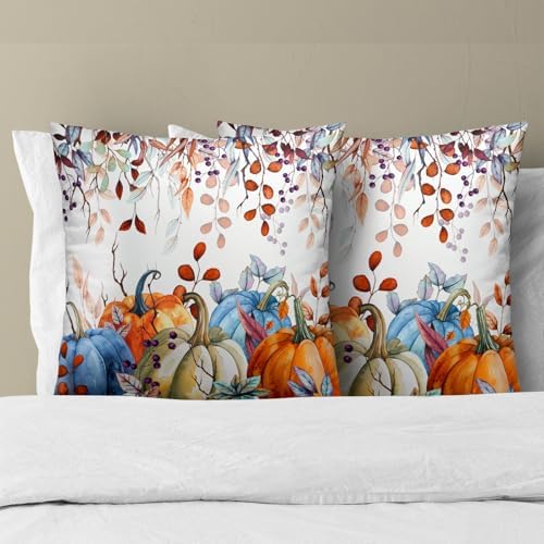 Sweetshow Orange and Blue Autumn Pumpkins Throw Pillow Covers 16X16 Inches Set of 2 Fall Maple Leaves Pillowcase Soft Cotton Square Thankgiving Cushion Covers for Home Sofa Patio Bedroom Decoration - Image 3