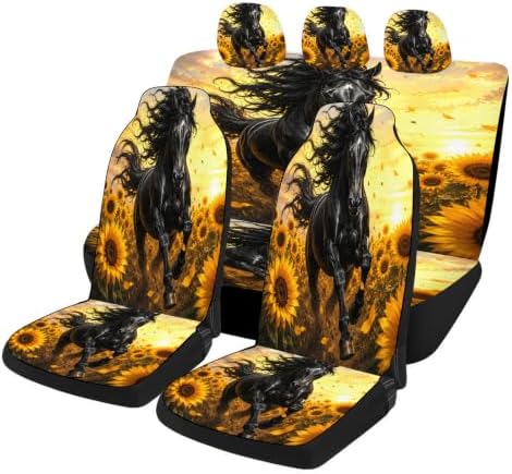 Horse Pattern Car Seat Covers, Trendy Universal Car Seat Protector Full Set, Automotive Seat Covers for Front Seats Rear Seat Back Seat Gift (Horse Sunflower Field Sunset, Full Set)